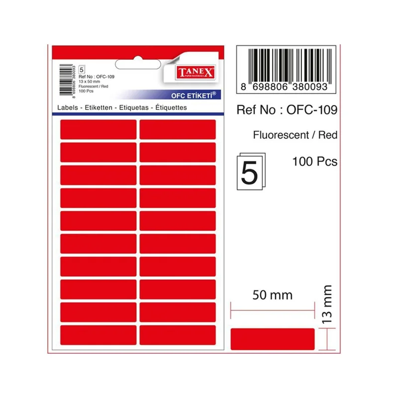 TANEX OFC-109 KIRMIZI 13x50 mm OFİS ETİKETİ 5 Lİ