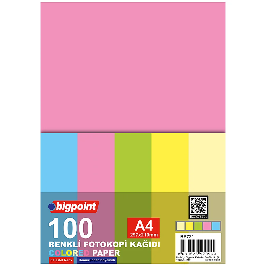 Bigpoint A4 Renkli Fotokopi Kağıdı 5 Fosforlu Renk 100'lü Paket