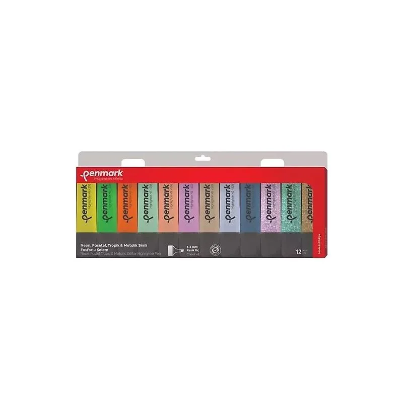 Penmark Fosforlu Kalem 12 Li Asetat Karışık Renk 3 Neon+3 Pastel+3 Tropik+3 Simli Set 505-12Npst