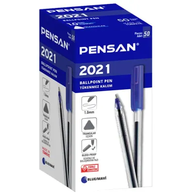 Pensan Tükenmez Kalem Üçgen Gövdeli Şeffaf Mavi 50 Lİ 2021