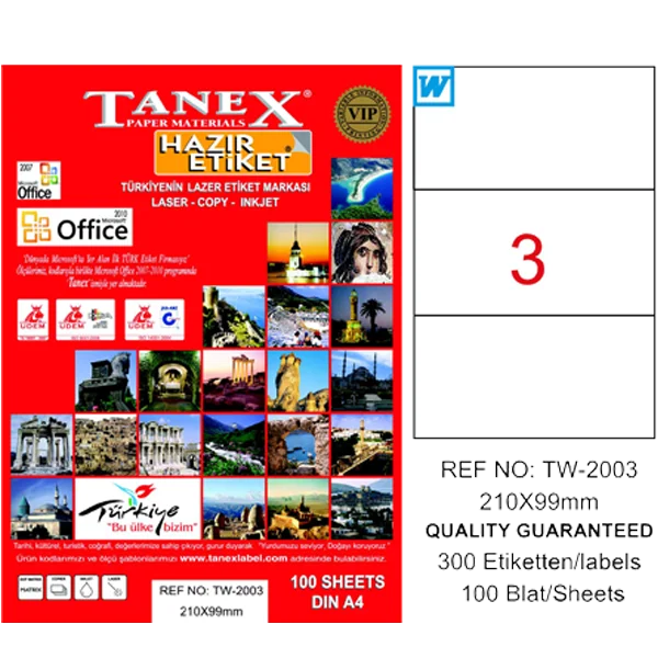 Tanex Laser Etiket 100 YP 210x99 Laser-Copy-Inkjet TW-2003