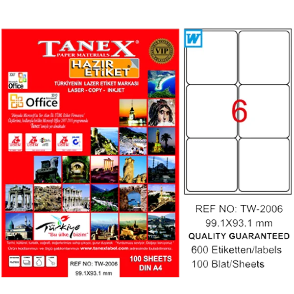 Tanex Laser Etiket 100 YP 99.1x93.1 Laser-Copy-Inkjet TW-2006
