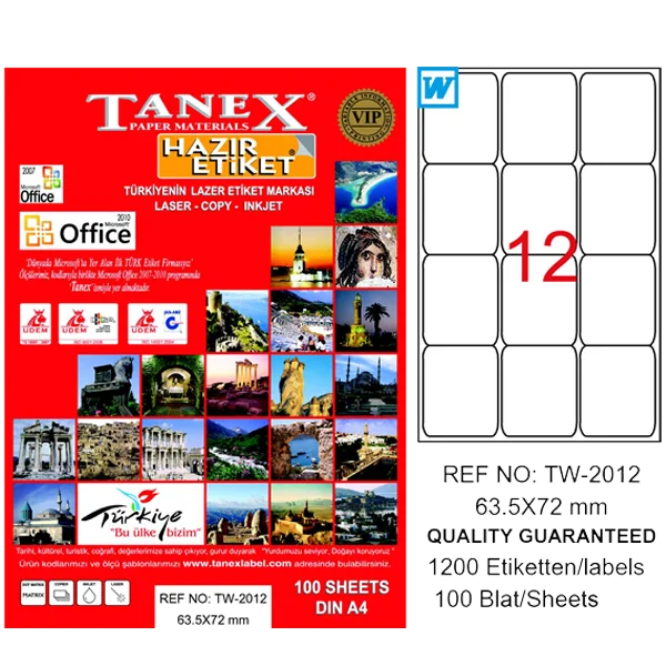 Tanex Laser Etiket 100 YP 63x72 Laser-Copy-Inkjet TW-2012