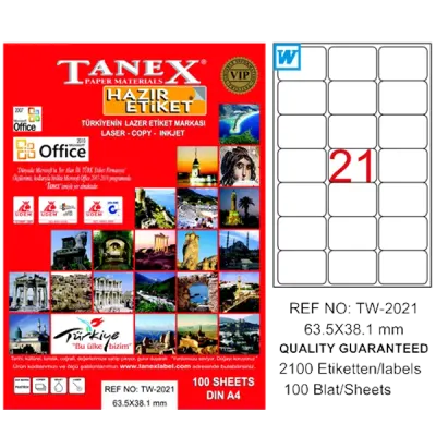Tanex Laser Etiket 100 YP 63x38 Laser-Copy-Inkjet TW-2021