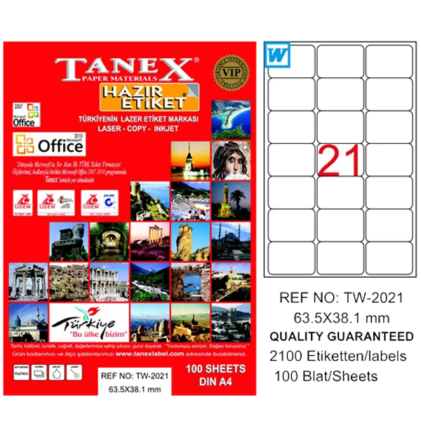 Tanex Laser Etiket 100 YP 63x38 Laser-Copy-Inkjet TW-2021