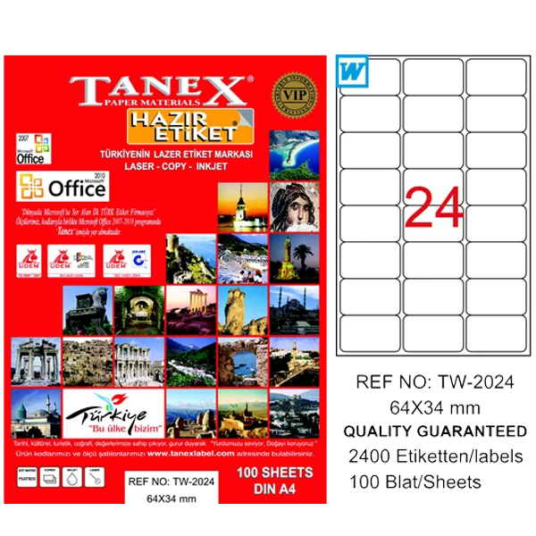 Tanex Laser Etiket 100 YP 64x34 Laser-Copy-Inkjet TW-2024