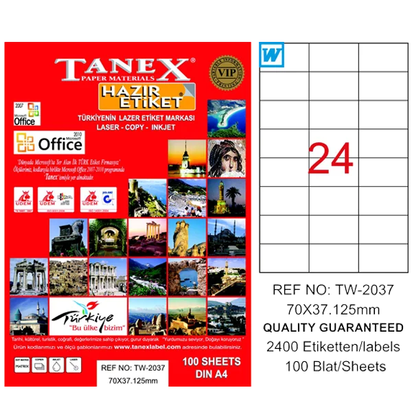 Tanex Laser Etiket 100 YP 70x37.125 Laser-Copy-Inkjet TW-2037