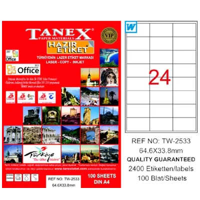 Tanex Laser Etiket 100 YP 64x33 Laser-Copy-Inkjet TW-2533