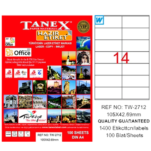 Tanex Laser Etiket 100 YP 105x42.69 Laser-Copy-Inkjet TW-2712