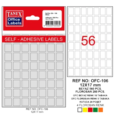Tanex Ofis Etiketi Poşetli 12x17 MM Beyaz OFC-106