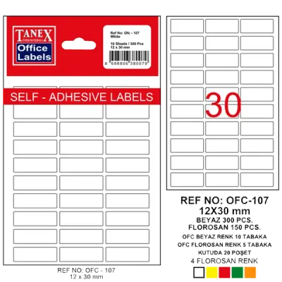 Tanex Ofis Etiketi Poşetli 12x30 MM Beyaz OFC-107