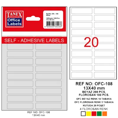 Tanex Ofis Etiketi Poşetli 13x40 MM Beyaz OFC-108