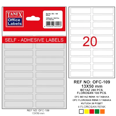 Tanex Ofis Etiketi Poşetli 13x50 MM Beyaz OFC-109