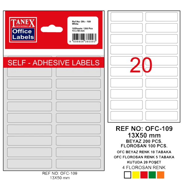 Tanex Ofis Etiketi Poşetli 13x50 MM Beyaz OFC-109
