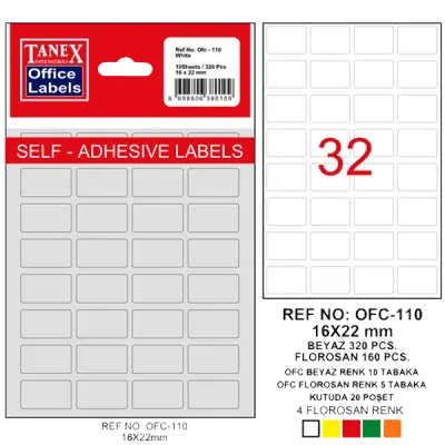 Tanex Ofis Etiketi Poşetli 16x22 MM Beyaz OFC-110