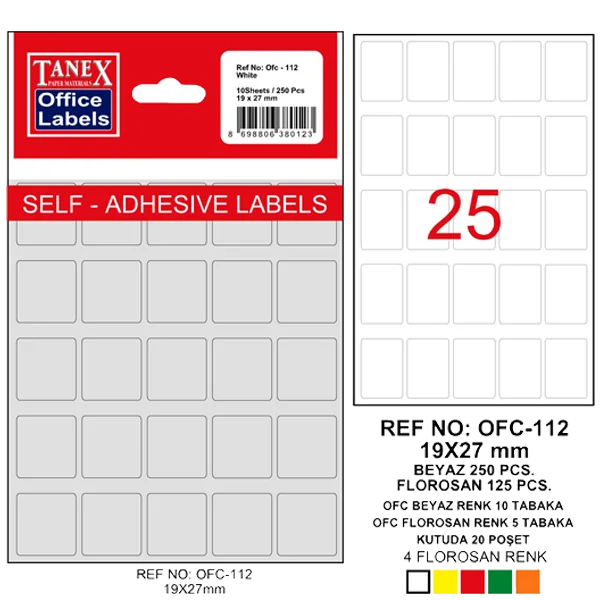 Tanex Ofis Etiketi Poşetli 19x27 MM Beyaz OFC-112
