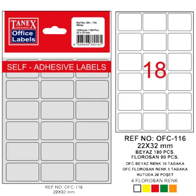 Tanex Ofis Etiketi Poşetli 22x32 MM Beyaz OFC-116