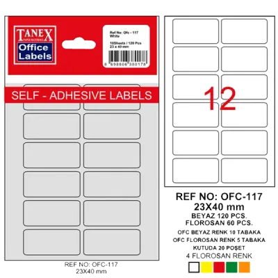 Tanex Ofis Etiketi Poşetli 23x40 MM Beyaz OFC-117