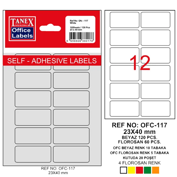 Tanex Ofis Etiketi Poşetli 23x40 MM Beyaz OFC-117