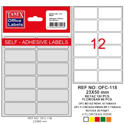Tanex Ofis Etiketi Poşetli 23x50 MM Beyaz OFC-118