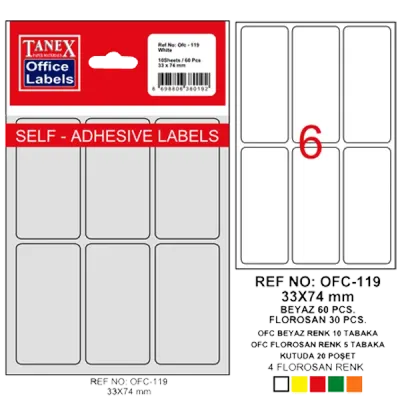 Tanex Ofis Etiketi Poşetli 33x74 MM Beyaz OFC-119
