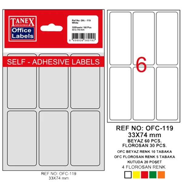 Tanex Ofis Etiketi Poşetli 33x74 MM Beyaz OFC-119