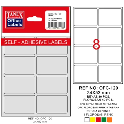 Tanex Ofis Etiketi Poşetli 34x55 MM Beyaz OFC-120