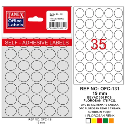 Tanex Ofis Etiketi Poşetli Yuvarlak 19 MM Beyaz OFC-131