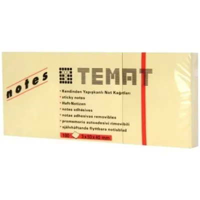 Temat Yapışkanlı Not Kağıdı 100 Yp Pastel Sarı 3x50x40 MM 11230